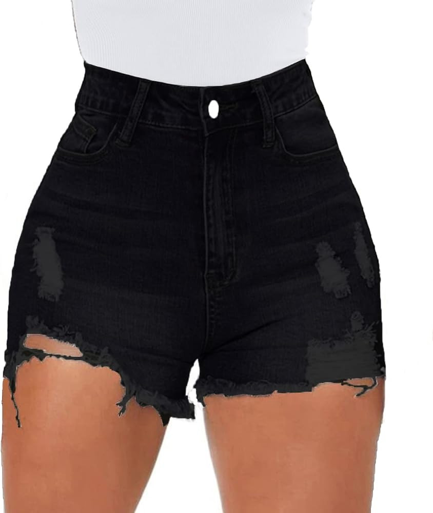 Tunlaud Women High Waisted Skinny Stretchy Denim Shorts Casual Summer Frayed Raw Hem Distressed R... | Amazon (US)