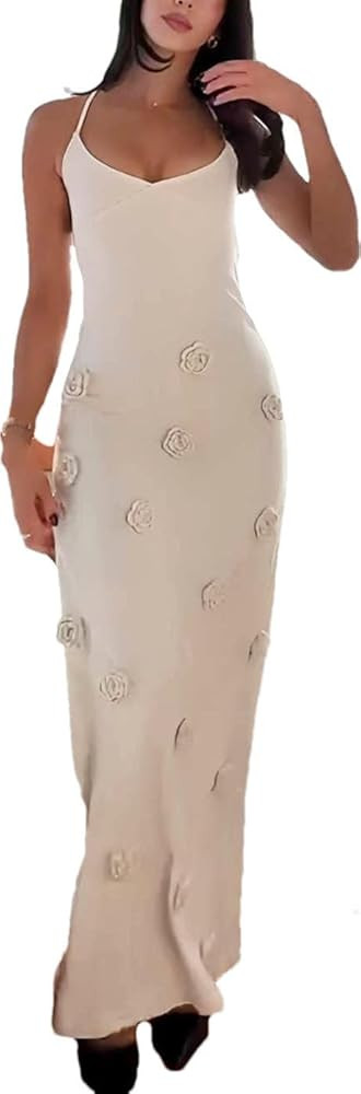 LOUSEA Women's Knit Maxi Dress Spaghetti Strap Floral Dress Bodycon Knitted Beach Long Dress Back... | Amazon (US)