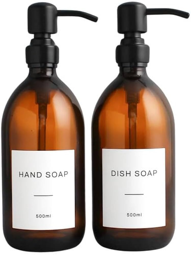 Two Pack Hand Soap & Dish Soap Amber Glass Bottle Set Of 2 - Brown Refillable Liquid Dispenser An... | Amazon (UK)