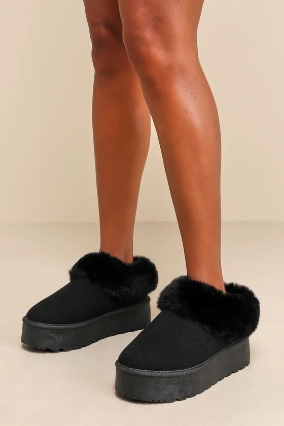 Lahoma Black Faux Fur Flatform Slippers | Lulus