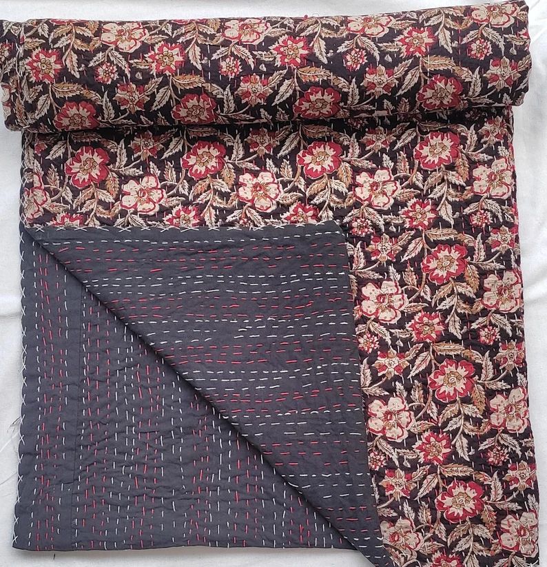 MiniHouse Kantha bedding or Quilt Handblock Print floral Kantha Indian Netural Colour Indian insp... | Etsy (US)