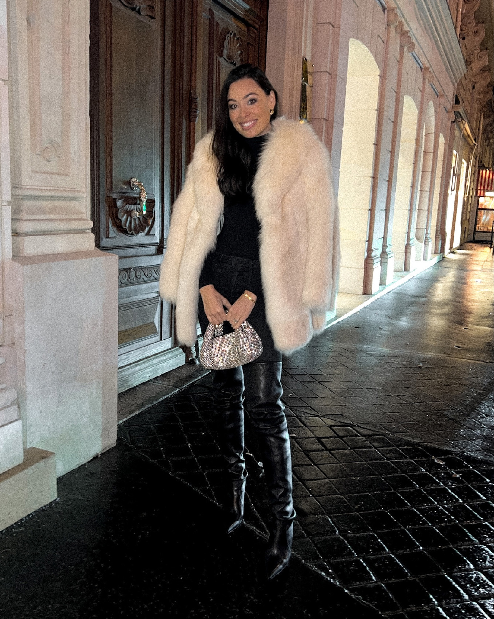Kat Jamieson of With Love From Kat wears a winter outfit. Vintage fur coat, similar linked below! Turtleneck bodysuit, black jeans, leather OTK boots, crystal embellished mini bag, Paris style. 

#LTKHoliday #LTKstyletip #LTKSeasonal