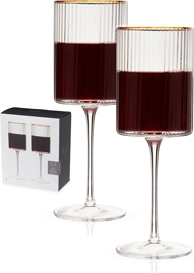 Viski Meridian Ribbed Wine Glasses, Crystal Wine Glass Unique Art Deco Glassware, Gold Rimmed Ste... | Amazon (US)
