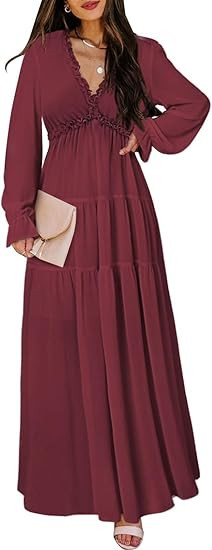 BLENCOT Womens Casual Boho Deep V Neck Short Sleeve Long Dress | Amazon (US)