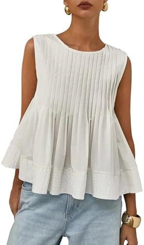 WOWULOVELY Womens Summer Pleated Peplum Sleeveless Blouse Tank Tops Crew Neck Babydoll Blouse Y2K... | Amazon (US)