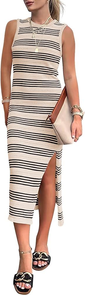 PRETTYGARDEN Womens Knit Side Slit Striped Long Tank Dress | Amazon (US)