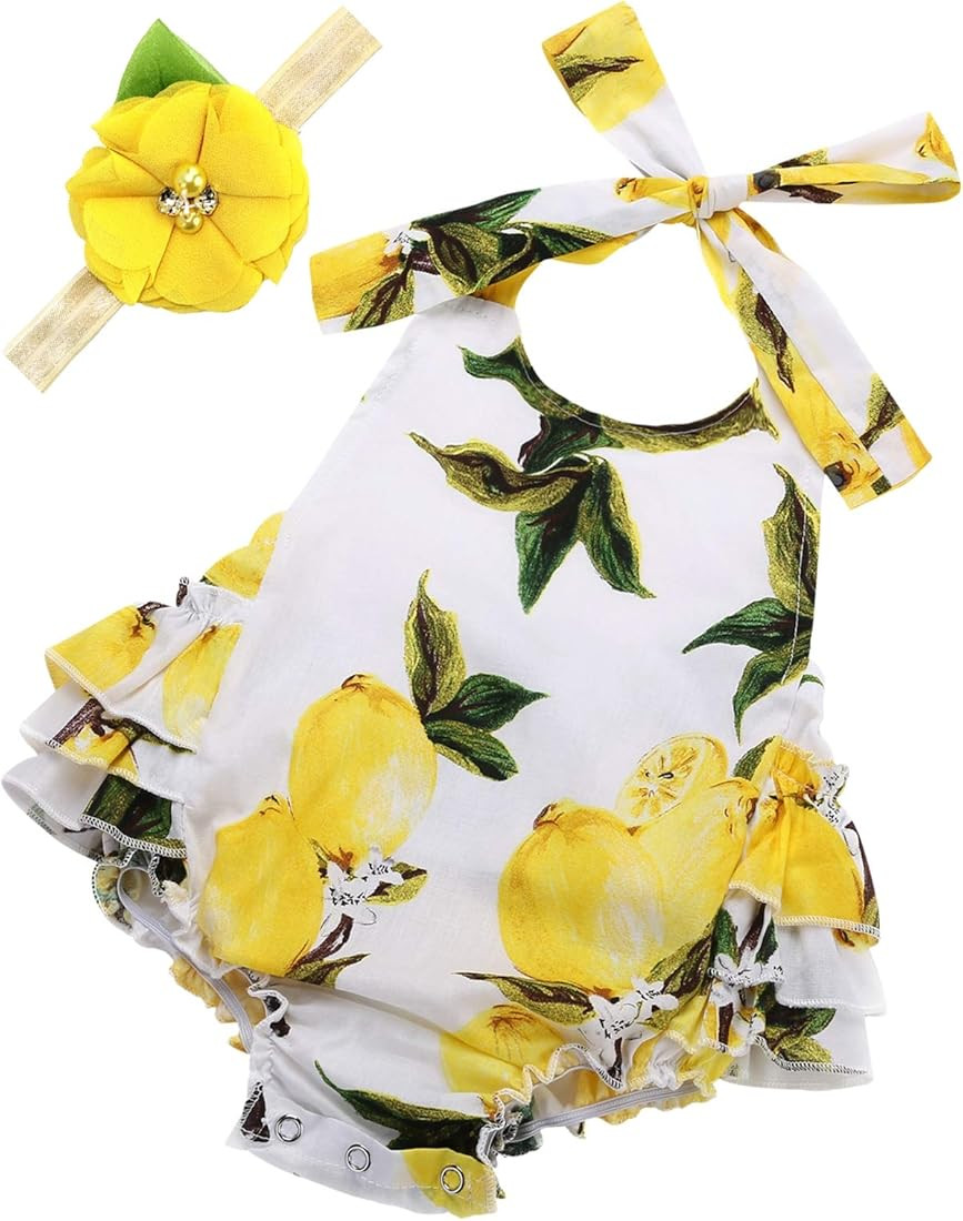 Baby Girl's Floral Print Ruffles Romper Summer Clothes with Headband | Amazon (US)