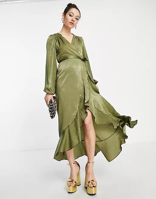 Flounce London long sleeve wrap maxi dress in khaki | ASOS (Global)