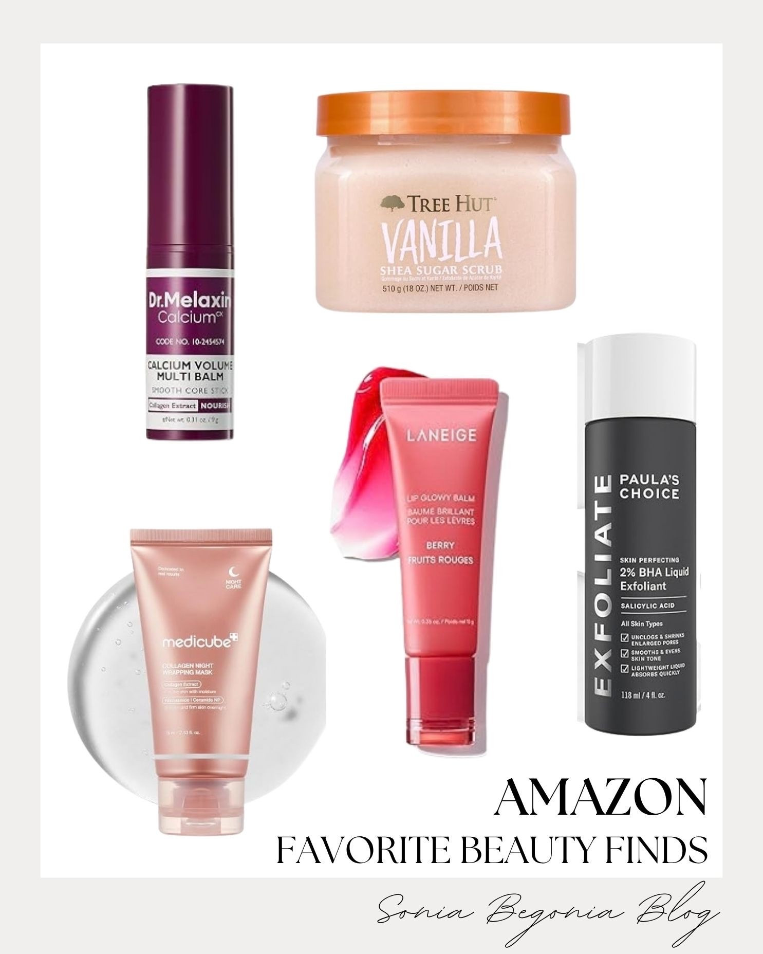 Amazon beauty must-haves! 🛍️ I gathered top skincare essentials including vanilla sugar body scrub, liquid BHA exfoliant, and a nourishing multi-balm stick.  
I also added hydrating berry lip glowy balm and an overnight collagen wrapping mask for smooth, radiant skin! ✨💖