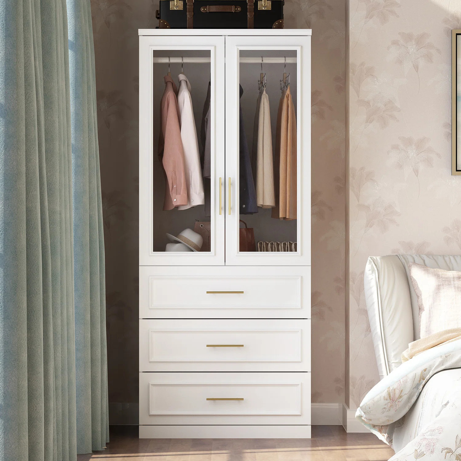 Angenita 74.9'' H 6 Glass Door Armoire w/ Hanging Rod & 3 Drawers | Wayfair North America