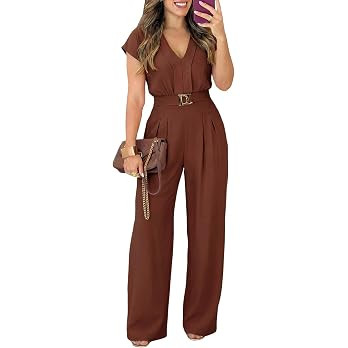 Pink Queen Jumpsuits For Women Dressy V Neck Short Sleeve Business Casual | High Waisted Wide Leg... | Amazon (US)