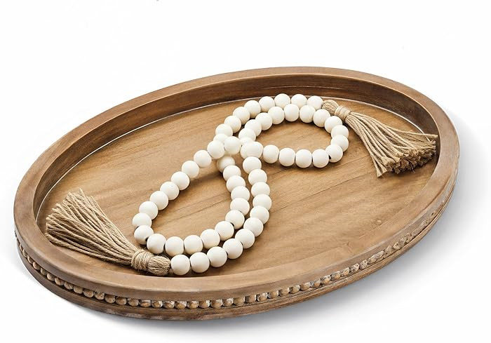 16" Oval Decorative Wood Tray with 58" Bead Garland, Farmhouse Coffee Table Centerpiece for Livin... | Amazon (US)