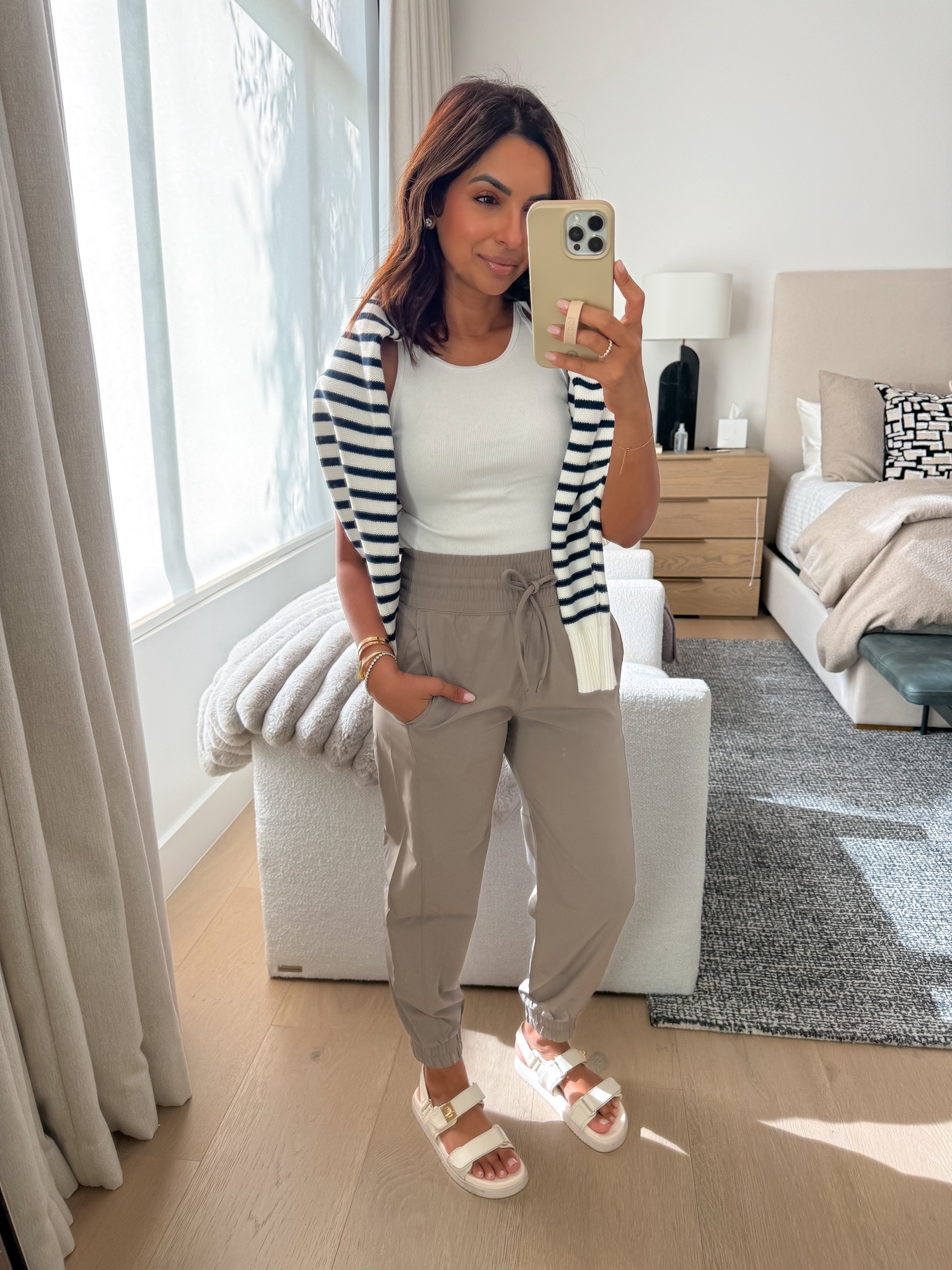 Wearing an xs tank, Xs petite length in joggers, and I have the. Xs in lady jacket. Sandals run TTS 

#LTKStyleTip #LTKSaleAlert