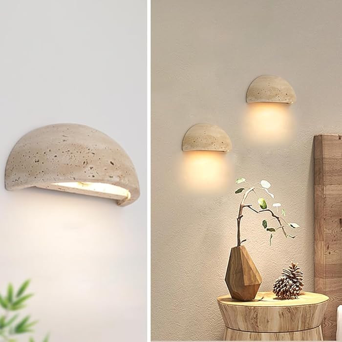 Yellow Travertine Wall Sconce, 5.9" Wabi Sabi Light Fixture with Half Moon Natural Stone Lampshad... | Amazon (US)