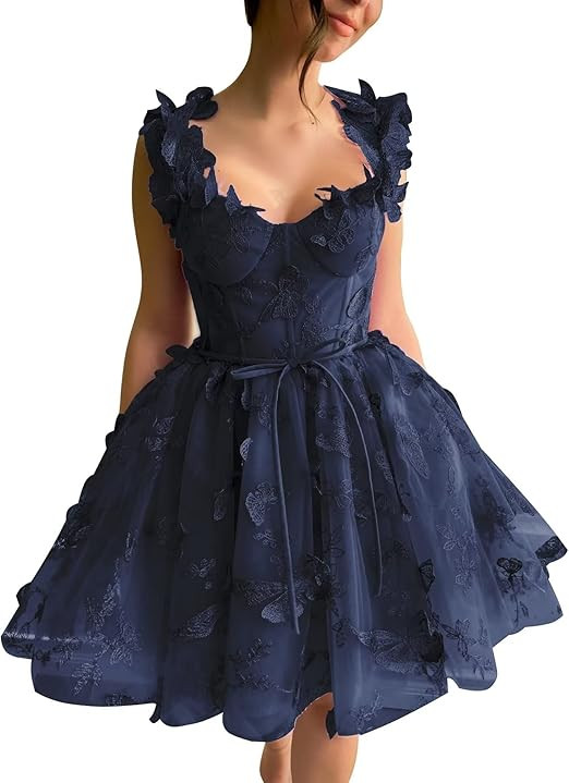 3D Butterflies Tulle Homecoming Dress Laces Applique Short Prom Dress A Line Cocktail Party Gowns | Amazon (US)