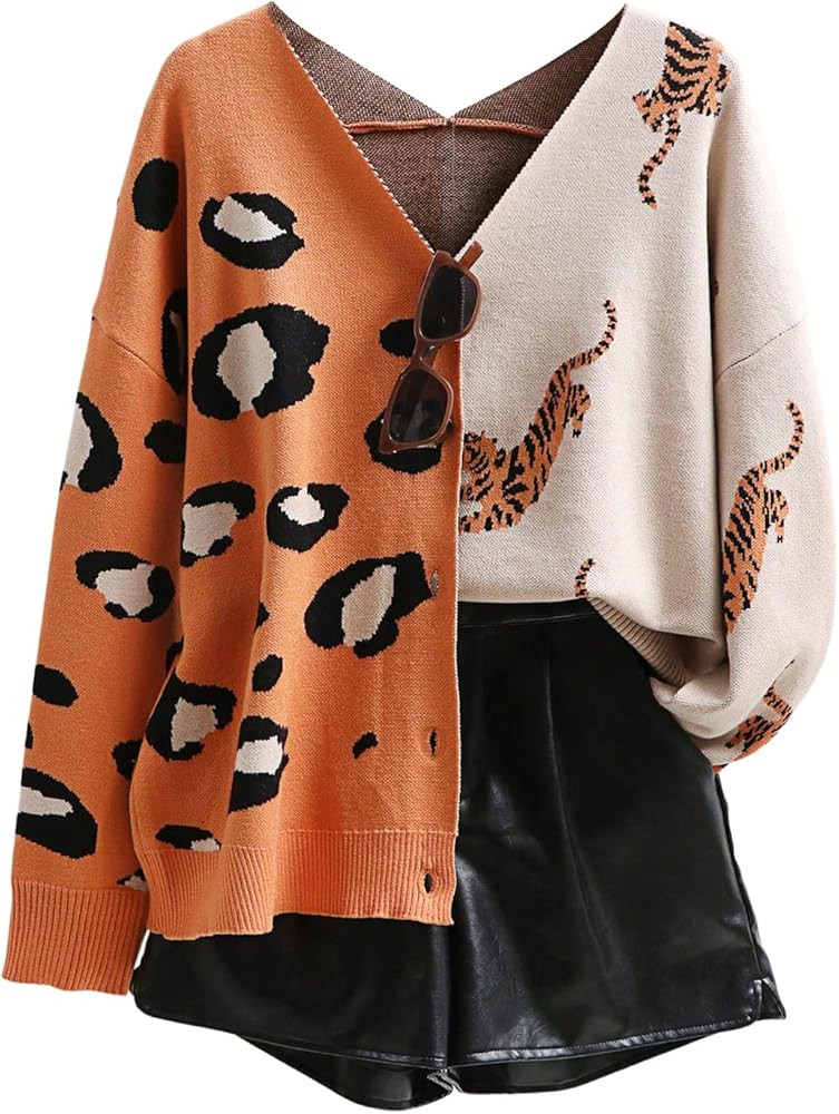 WDIRARA Women's Leopard Tiger Print Cardigan V Neck Long Sleeve Color Block Button Down Sweater O... | Amazon (US)