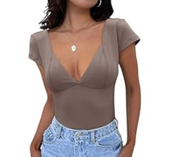 Trendy Queen Women's Sexy Deep V-Neck Backless Tops Short Sleeve Slim Fit T-Shirts Basic Y2K Tops... | Amazon (US)