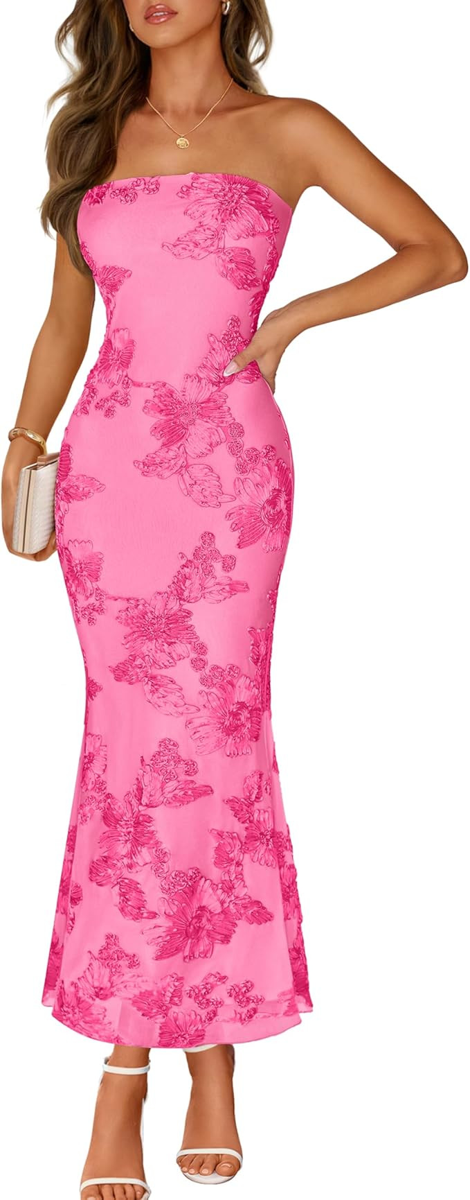 MEROKEETY Women's Floral Strapless Maxi Dress 2026 Summer Mesh Tube Bodycon Formal Wedding Guest ... | Amazon (US)