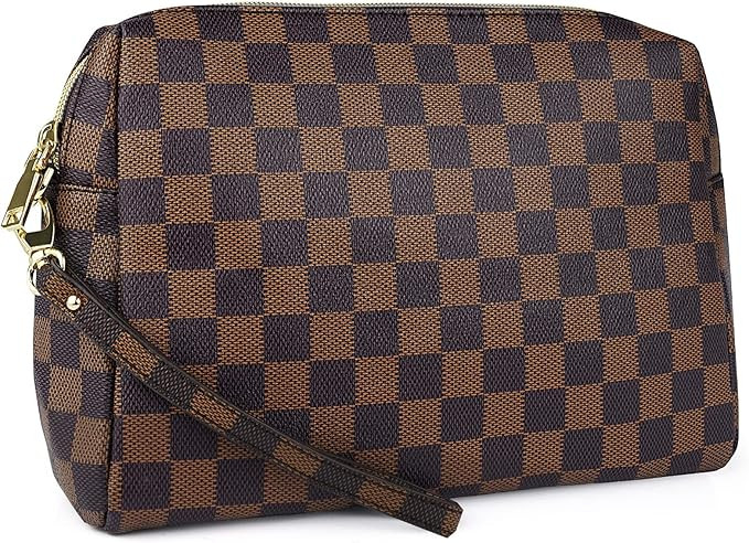 Checkered Makeup Bag Waterproof Leather, Retro Brown Cosmetic Pouch, Large Travel Toiletry Organi... | Amazon (US)