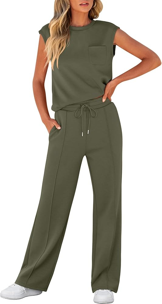 ANRABESS Two Piece Sets for Women Summer Sleeveless Sweatsuits Wide Leg Casual Lounge Set Matchin... | Amazon (US)