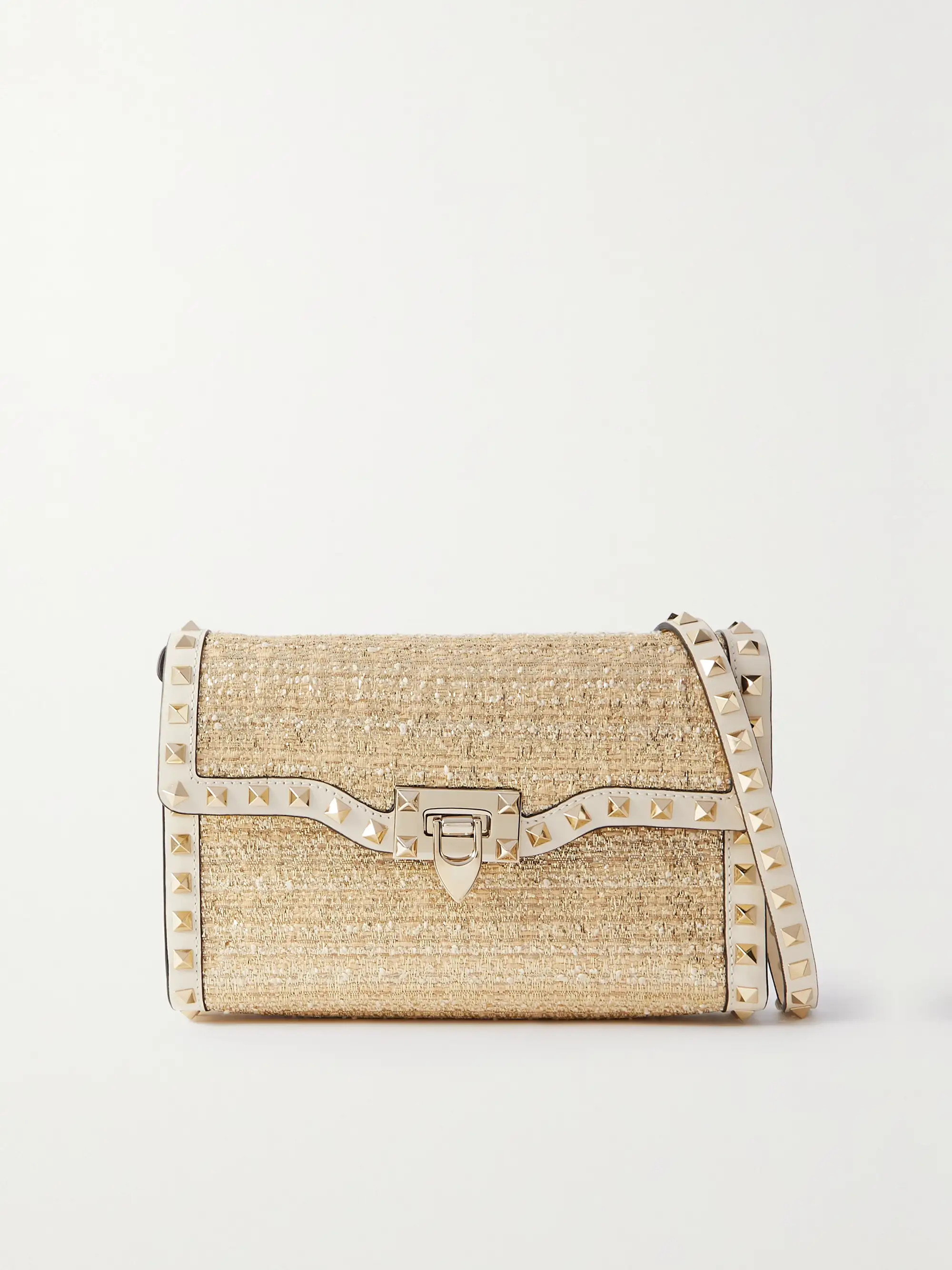 Rockstud small leather-trimmed metallic bouclé shoulder bag | NET-A-PORTER (US)