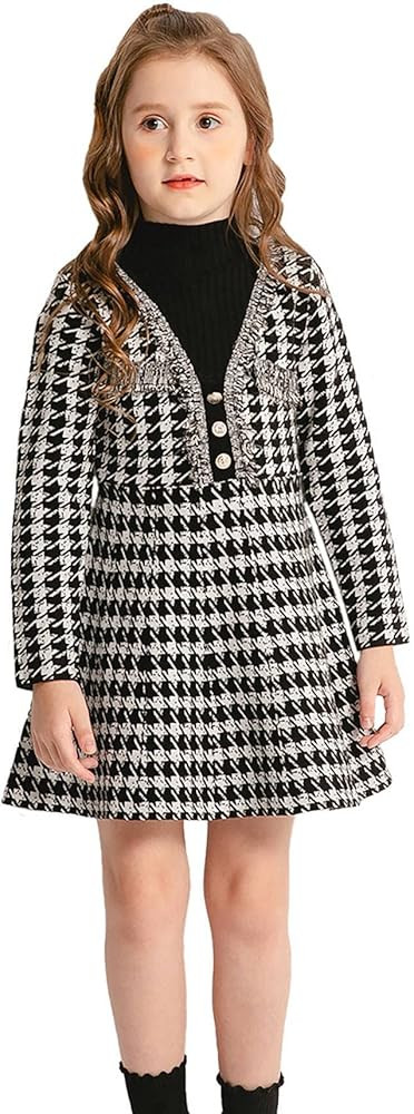 SMILING PINKER Girls Dresses Houndstooth Knitted Sweater Flare Winter Dress Mock Neck | Amazon (US)