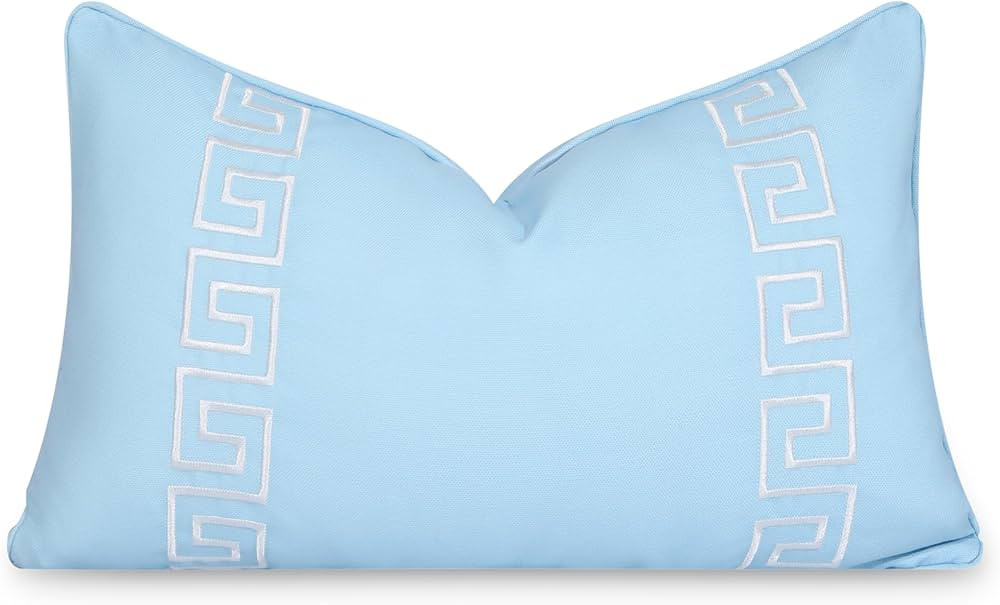 Hofdeco Premium Coastal Patio Indoor Outdoor Lumbar Pillow Cover Only, 12"x20" Water Repellent for Backyard, Couch, Baby Blue Embroidered Greek Key with Piping | Amazon (US)