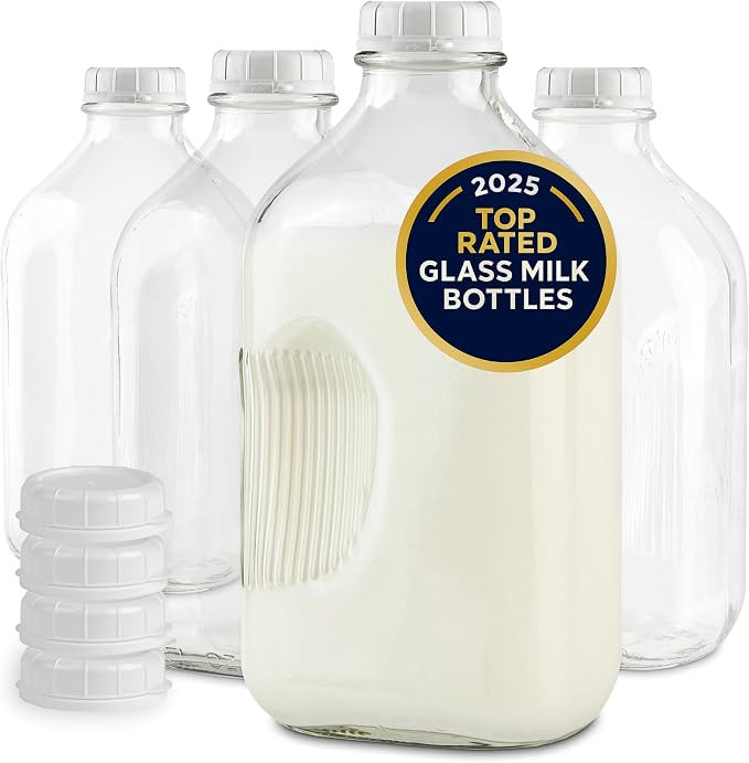 Stock Your Home Half Gallon Glass Milk Bottle with Lid (4 Pack) 64 Oz Jugs and 8 White Caps, Reus... | Amazon (US)