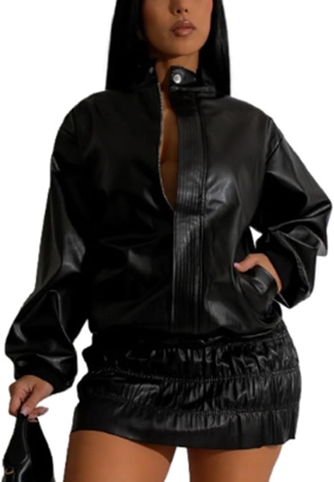 Women's Faux Leather 2 Piece Sets Long Sleeve Motorcycle Jacket Mini Ruched Skirt 2 piece outfit ... | Amazon (US)