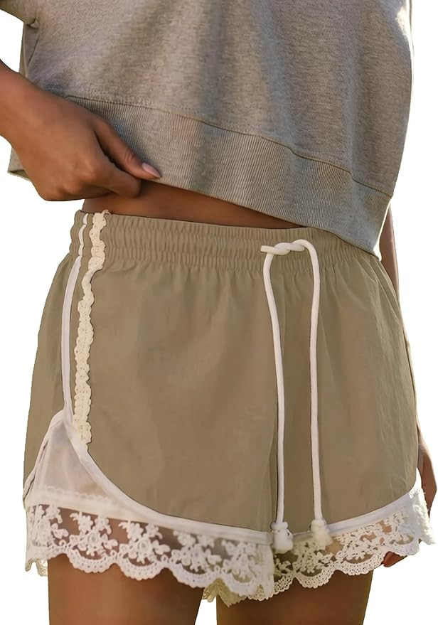 Womens Lace Trim Drawstring Shorts Casual Elasticated Summer Y2K Beach Bottoms Athletic Shorts | Amazon (US)