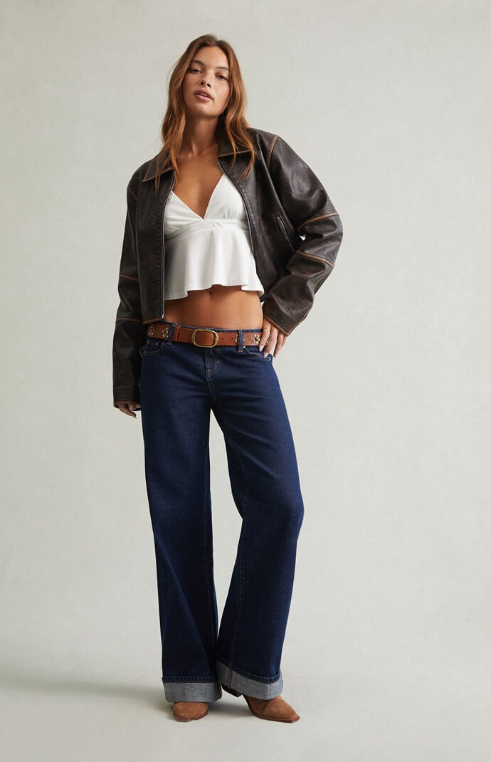 Women's Ultimate Low Rise Baggy Jeans Cuffed Dark Blue in Rinse Denim - Size 26 | PacSun