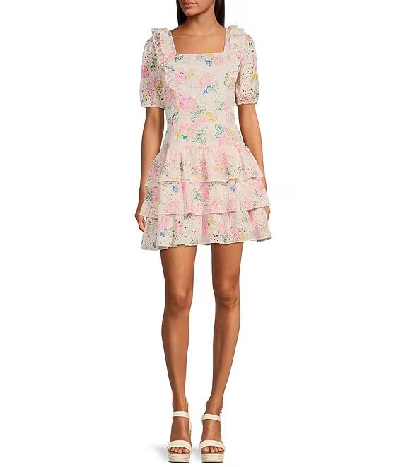 Eyelet Square Neck Short Puff Sleeve Floral Print Ruffle Tiered Dress | Dillard's