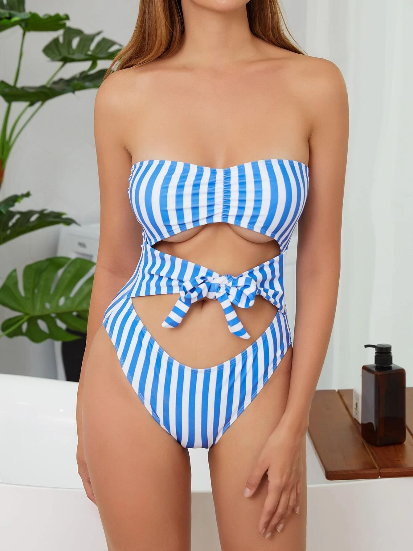 Striped Cut-out Knot One Piece Swimsuit | SHEIN