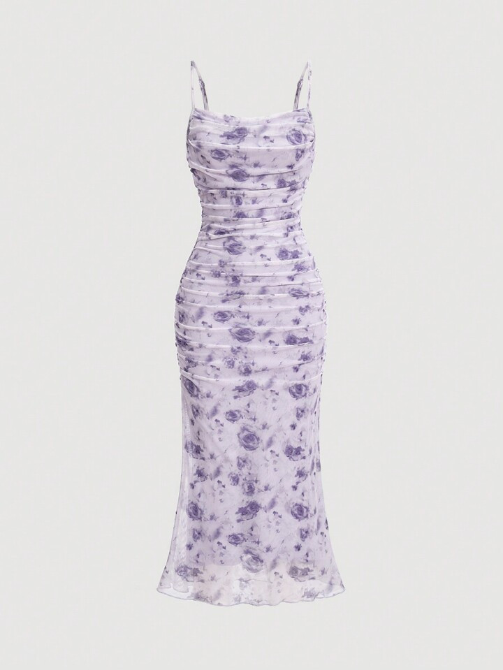 SHEIN MOD Women's Floral Printed Pleated Lavender Cami Dress | SHEIN