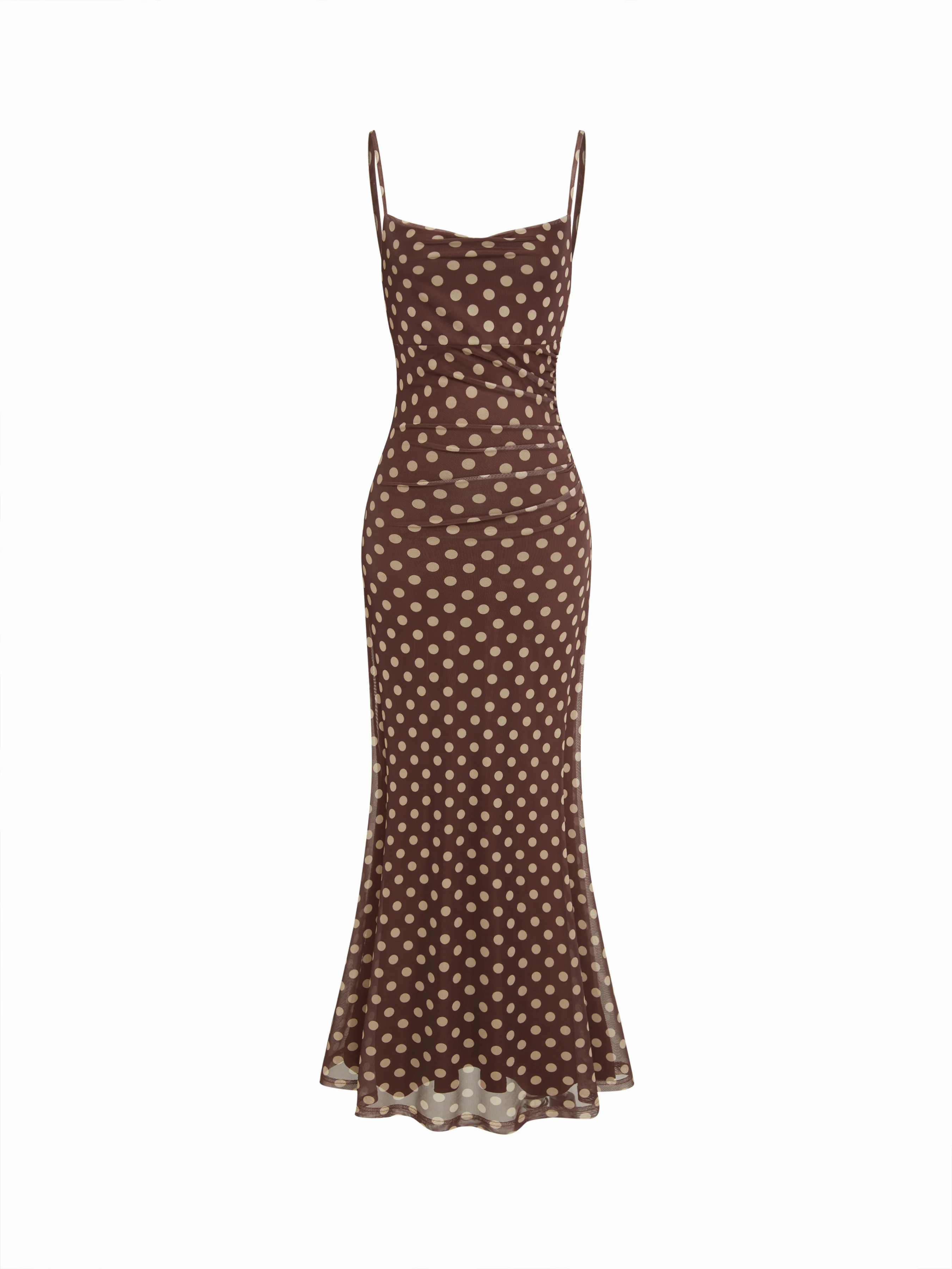 Mesh Polka Dot Lace Panel High Rise Mermaid Maxi Dress | Cider