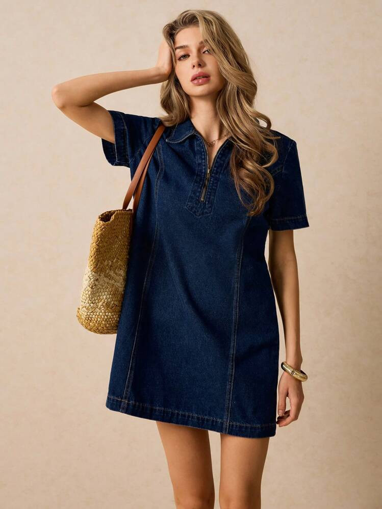 Poéselle Women's Short Sleeve Zip Up Half Placket Casual Denim Dress Women's Denim Dress Zipper ... | SHEIN