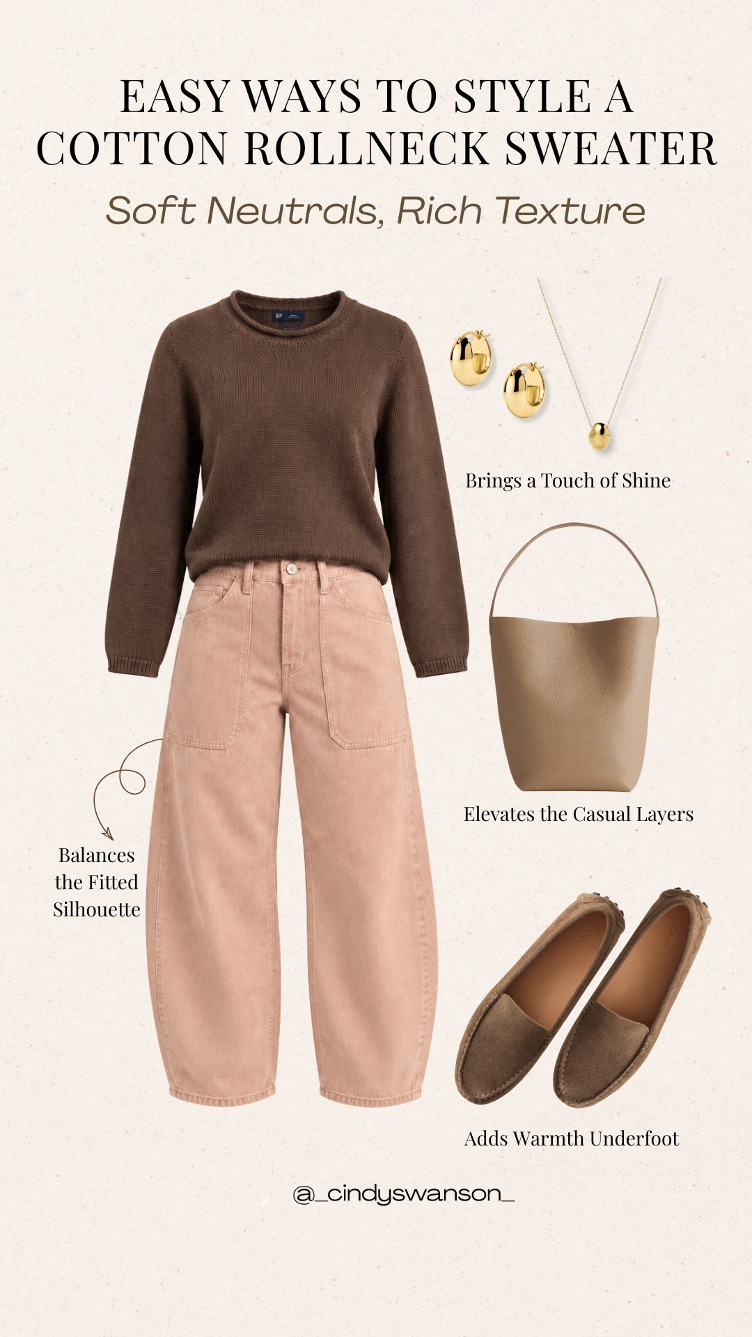 A cotton rollneck sweater and blush-toned pants make such a beautiful soft-neutral combination. I love how the warm brown sweater adds just enough contrast while the simple loafers and gold jewelry keep the look polished and easy for everyday wear.
🔴sizing - sized up 2 sizes to a large on sweater

#LTKootd #LTKOver40 #LTKTravel