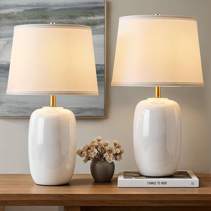 PUSU 22 Inch White Ceramic Table Lamps Set of 2, Fabric Lampshade Living Room Office Desk lamp, E... | Amazon (US)