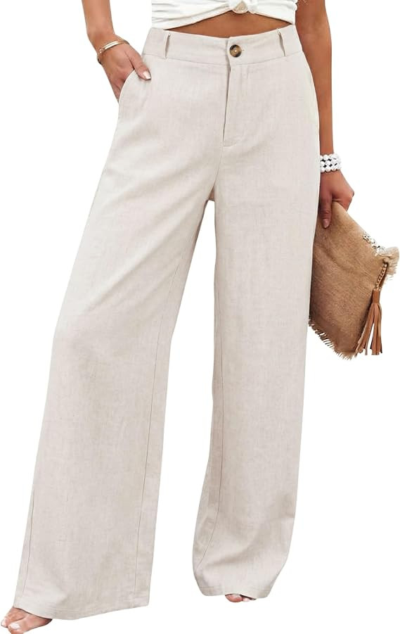 Hooever - Pantalones de lino de algod\u00f3n casuales con botones, cintura alta y pierna ancha pa... | Amazon (US)
