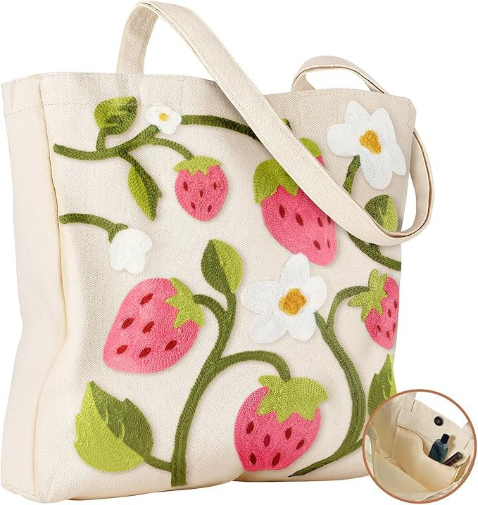 Miss Adola Embroidery Canvas Tote Bag for Women - Reusable Totes with Pocket & Buckle Aesthetic C... | Amazon (US)