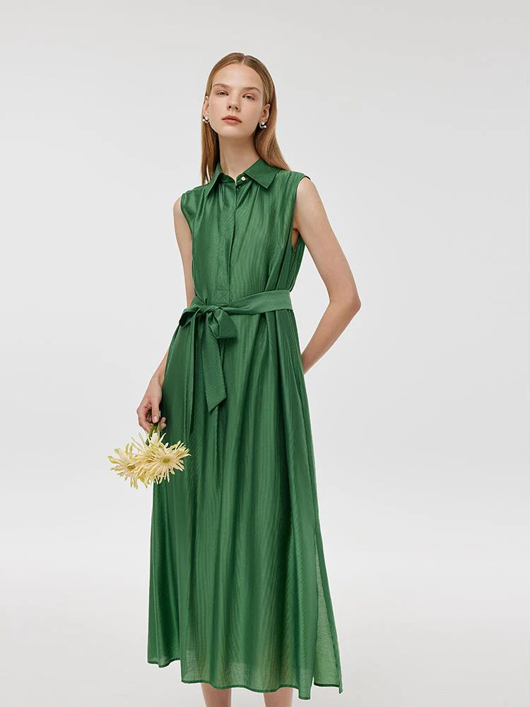 Shirt Collared Women Midi Vest Dress With Belt | GOELIA