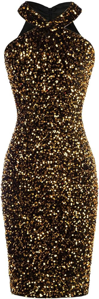GRACE KARIN Sequin Dress for Women Sleeveless Sparkly Glitter Halter Dress Bodycon Mini Club Dres... | Amazon (US)