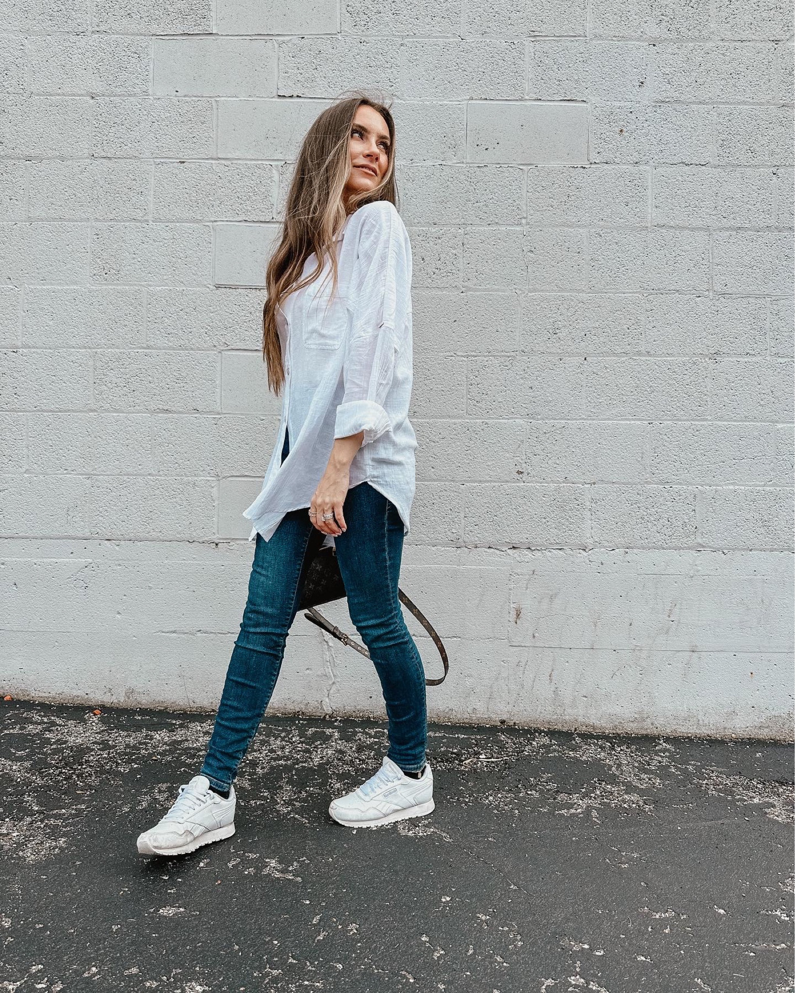 Perfect spring weekend outfit or travel outfit. Wearing size small in button up oversized shirt and bodysuit. 

Good American skinny jeans Reebok classic sneakers Louis Vuitton pochette Métis crossbody bag American eagle Amazon finds #founditonamazon

#LTKunder50 #LTKSeasonal #LTKsalealert