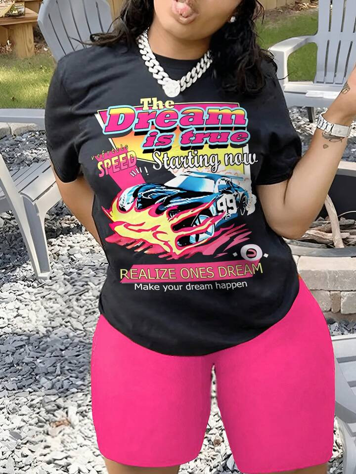 SHEIN Slayr Plus Size Car And Slogan Printed Short Sleeve T-Shirt | SHEIN