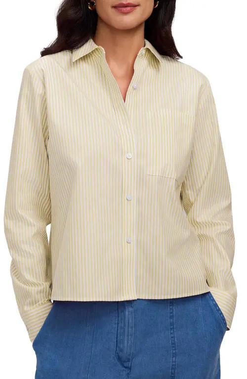Foxcroft Jodie Stripe Cotton Button-Up Shirt in Lemon Yellow at Nordstrom, Size X-Small | Nordstrom