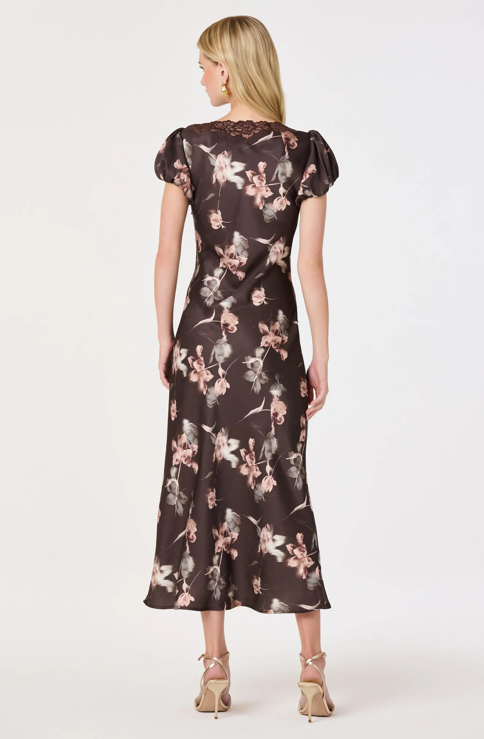 Almandina Puff Sleeve Satin Midi Dress - Brown floral / XS | ASTR The Label (US)