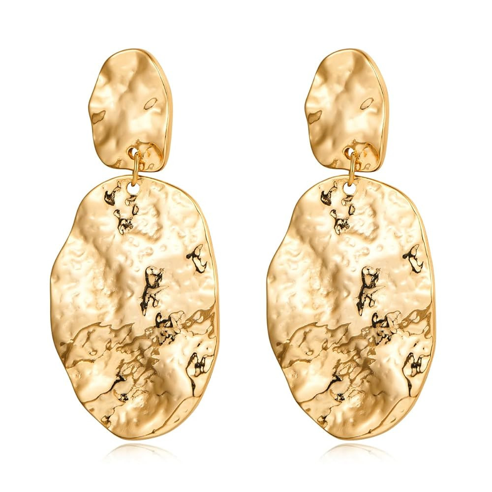 Chunky Gold Earrings for Women - Hammered Gold Plated Dangle Drop Jewelry Gifts | Amazon (US)