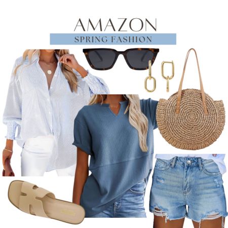 Amazon spring fashion includes button up top, blue top, denim shirt, slide sandals, straw bag, gold earrings, sunglasses.

Outfit, spring outfit, Amazon finds, looks for less, jeans

#LTKshoecrush #LTKfindsunder100 #LTKstyletip