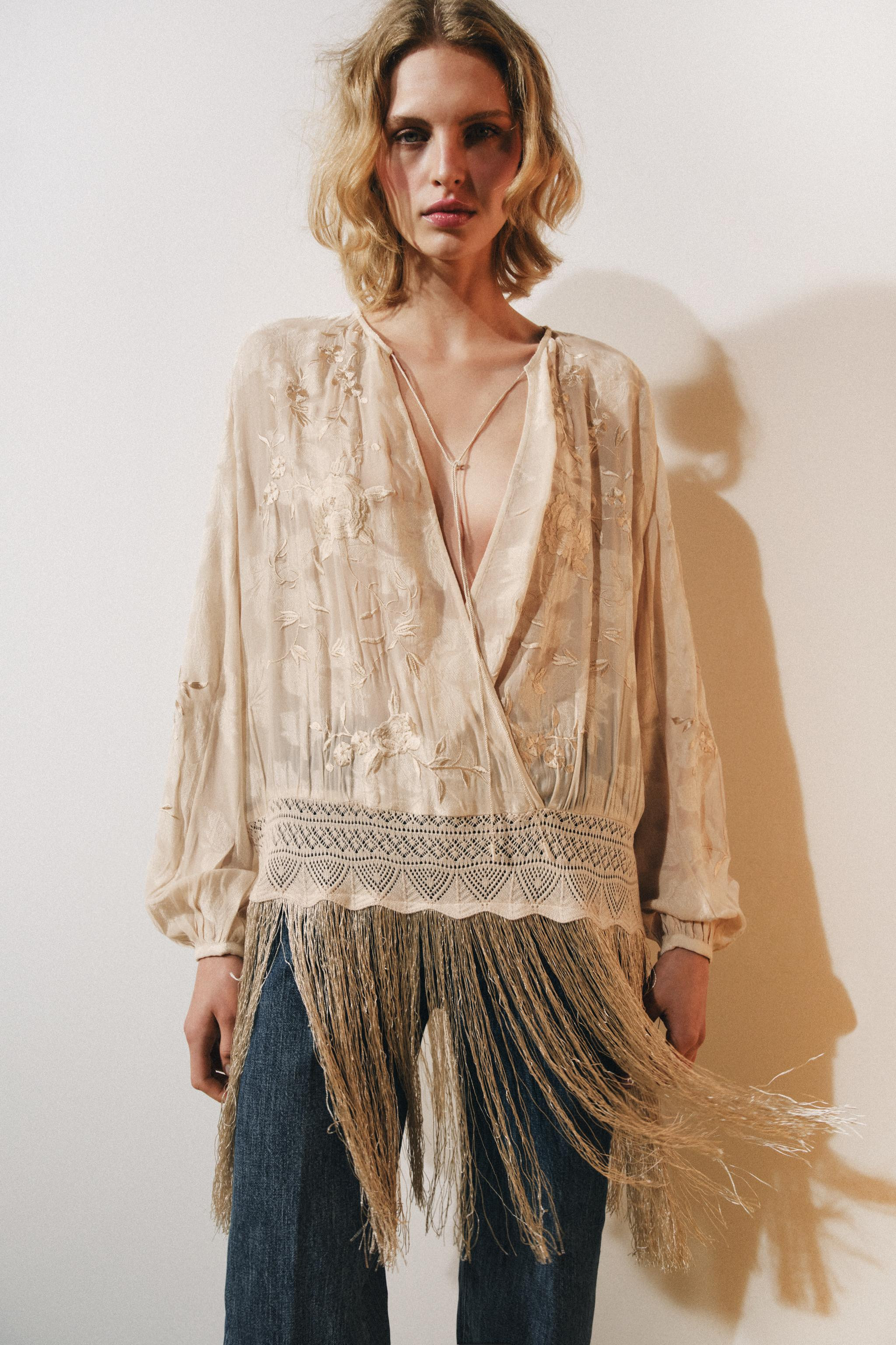 ZW COLLECTION EMBROIDERED FRINGE BLOUSE | Zara US