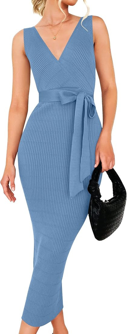 ZESICA Women's Summer Knitted Bodycon Midi Dress Elegant Wrap V Neck Sleeveless Tie Waist Sweater... | Amazon (US)